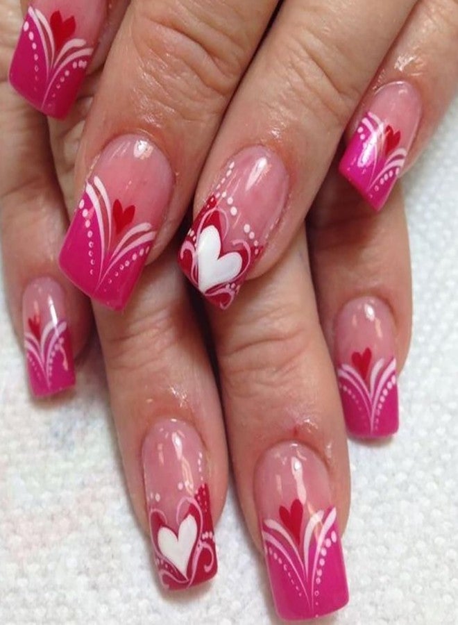 TBRZTR Valentine's Medium Square & Coffin Nails, 24Pcs Pink French Tip Heart Press On False Nails, Glossy Acrylic Material, Full Cover, DIY Stick On Nails - Image 1